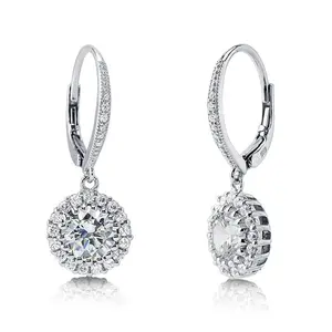 BERRICLE Sterling Silver Halo Leverback Drop Dangle Earrings for Women, Round Cut Cubic Zirconia CZ