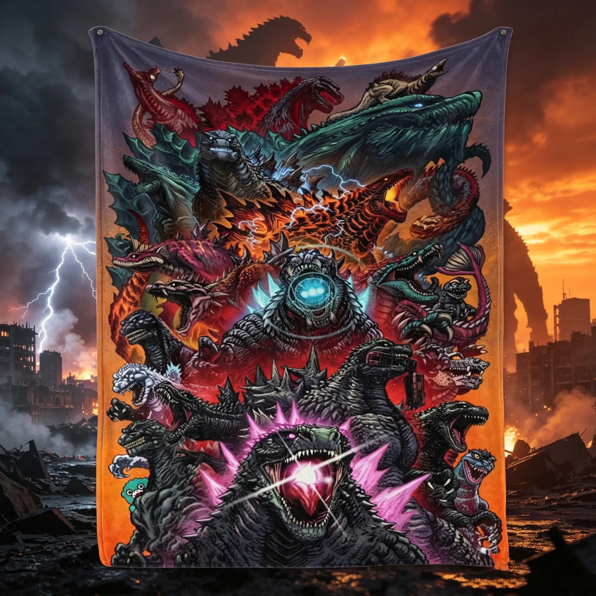 Godzilla Giant Kaiju Monster Collection Flannel Blanket, Retro Creature Battle Graphic Throw Blanket, Horror Movie Style Cozy Blanket for Fans, Sofa Bed Decor Gift
