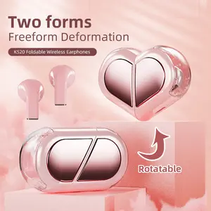 Fashionable heart-shaped wireless earbuds, foldable and transformable headphones, 9D stereo sound, call noise reduction, low latency, Type-C charging with charging case, suitable for Valentine's Day gifts and Mother's Day gifts