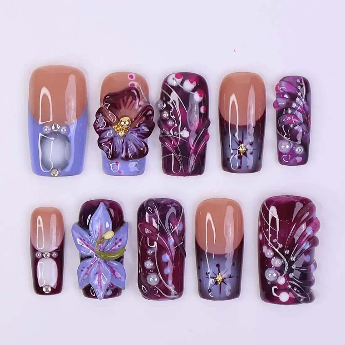 Fall Press on Nails with Deep Purple Flowers | 3D Handmade Fake Nails in Medium Square | Romantic Nail Art for Holiday, Vacation, Party