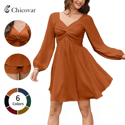 Chicovar Women's Sweetheart Neck Knot Front Mini Dress Long Lantern Sleeve Flowy A-Line Dress, No Scratchy, No Sheer, Western Boho Fall Dress for Family Photos, Party, Casual, Daily Wear, Pumpkin Patch, Thanksgiving, Church, Sohochic