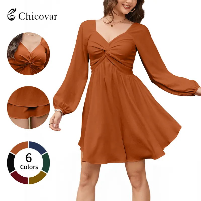 Chicovar Women's Sweetheart Neck Knot Front Mini Dress Long Lantern Sleeve Flowy A-Line Dress, No Scratchy, No Sheer, Western Boho Fall Dress for Family Photos, Party, Casual, Daily Wear, Pumpkin Patch, Thanksgiving, Church, Sohochic