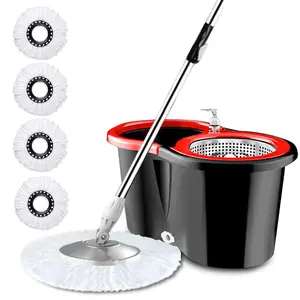 Spin Mop and Bucket Wringer Set, 360° Rotating Floor Cleaning System with Stainless Steel Bucket, 4 Microfiber Replacement Mop Heads for Hardwood, Tile and Laminate Floors