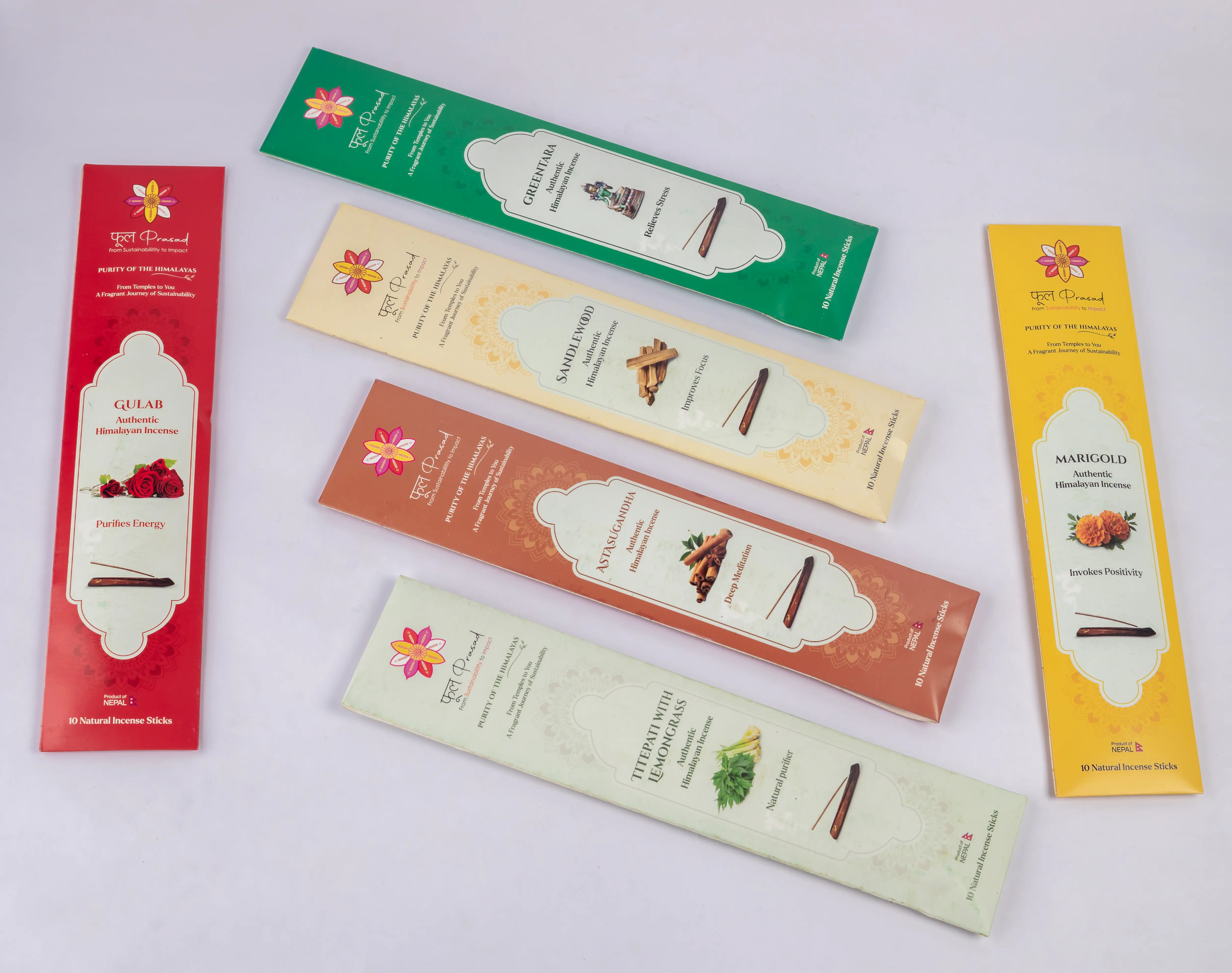 Phool Prasad Himalayan Natural Incense Variety Pack - 6 Floral Aromatic Scents, 60 Handcrafted Sticks for Meditation, Nepali-Made Incense Box