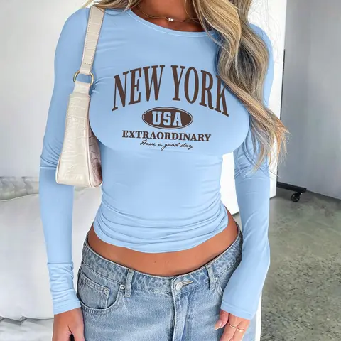 Fashionable Women's Cropped Letter Print Long Sleeve Round Neck T-Shirt, Fashion Trendy Clothes, Casual Cropped Tees, Sexy Tight-Fitting Casual Everyday Womenswear Styles for Spring and Fall, Available in 8 Colors