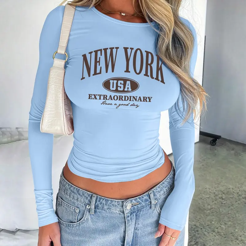 Fashionable Women's Cropped Letter Print Long Sleeve Round Neck T-Shirt, Fashion Trendy Clothes, Casual Cropped Tees, Sexy Tight-Fitting Casual Everyday Womenswear Styles for Spring and Fall, Available in 8 Colors