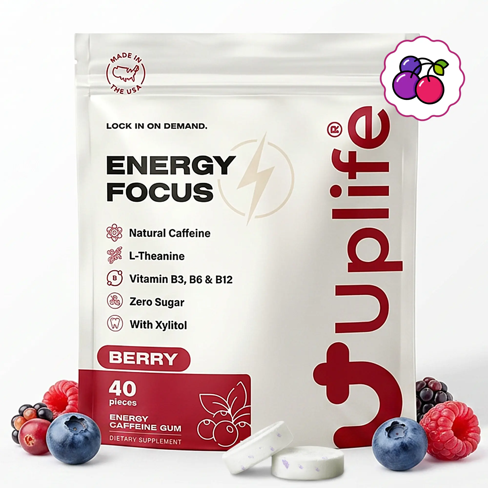 UPLIFE Energy and Focus Gum 40 Pcs – Made in USA - 40mg Nootropic Natural Caffeine + 80mg L-Theanine + Niacin Vitamin B3 & B12 – Sugar-Free, Vegan – Natural Coffee Alternative - Berry Flavor