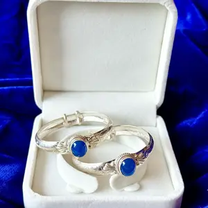 Adjustable Silver Bangles with Blue Gemstone