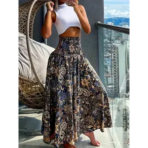 NewBoho Floral Print Shirred Waist Pants, Casual & Versatile High Waist Pants For Spring & Summer, Women's Clothing Leg Fabric(Gift)11