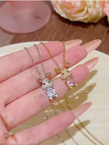 Cute Easter Bunny Pendant Necklace | Micro Paved Zircon Delicate Clavicle Chain, Perfect Easter Gift For Girlfriend & Friend