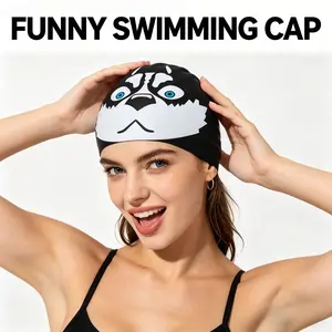 Husky Funny Swim Cap High Elastic Large Size Waterproof Unisex Cute Cartoon No Head Pain for Men Women Adults Kids