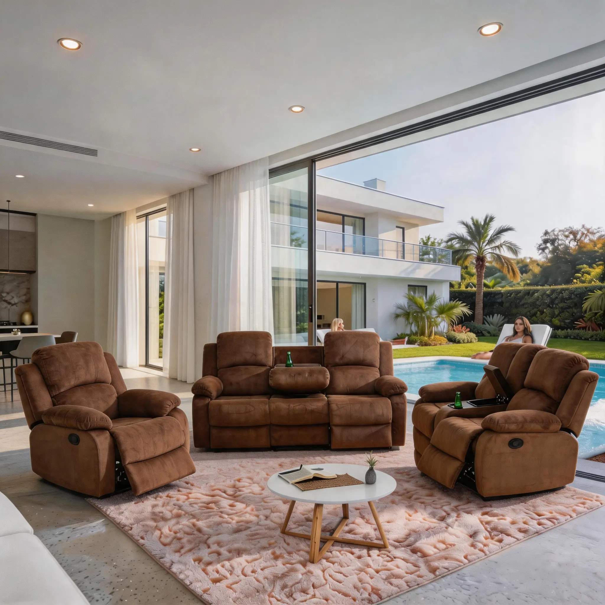 A AINEHOME Brown Pineapple Velvet Breathing Recliner Sofa Set 3-Piece Couch Living Room Sofa Set with Adjustable Backrest furniture