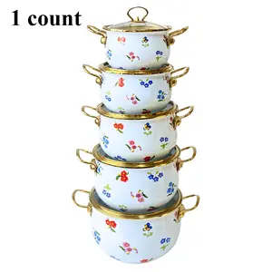 Floral Pattern Enamel Soup Pot with Clear Lid, 1 Count Cookware with Handle, Kitchen Cooking Pot for Home Use