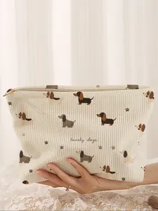 Cute Dog Printed Corduroy Makeup Bag, Cartoon Style, Lightweight Multi-Functional Casual Travel Cosmetic Pouch, All Seasons Use, Travel Cosmetic Bags