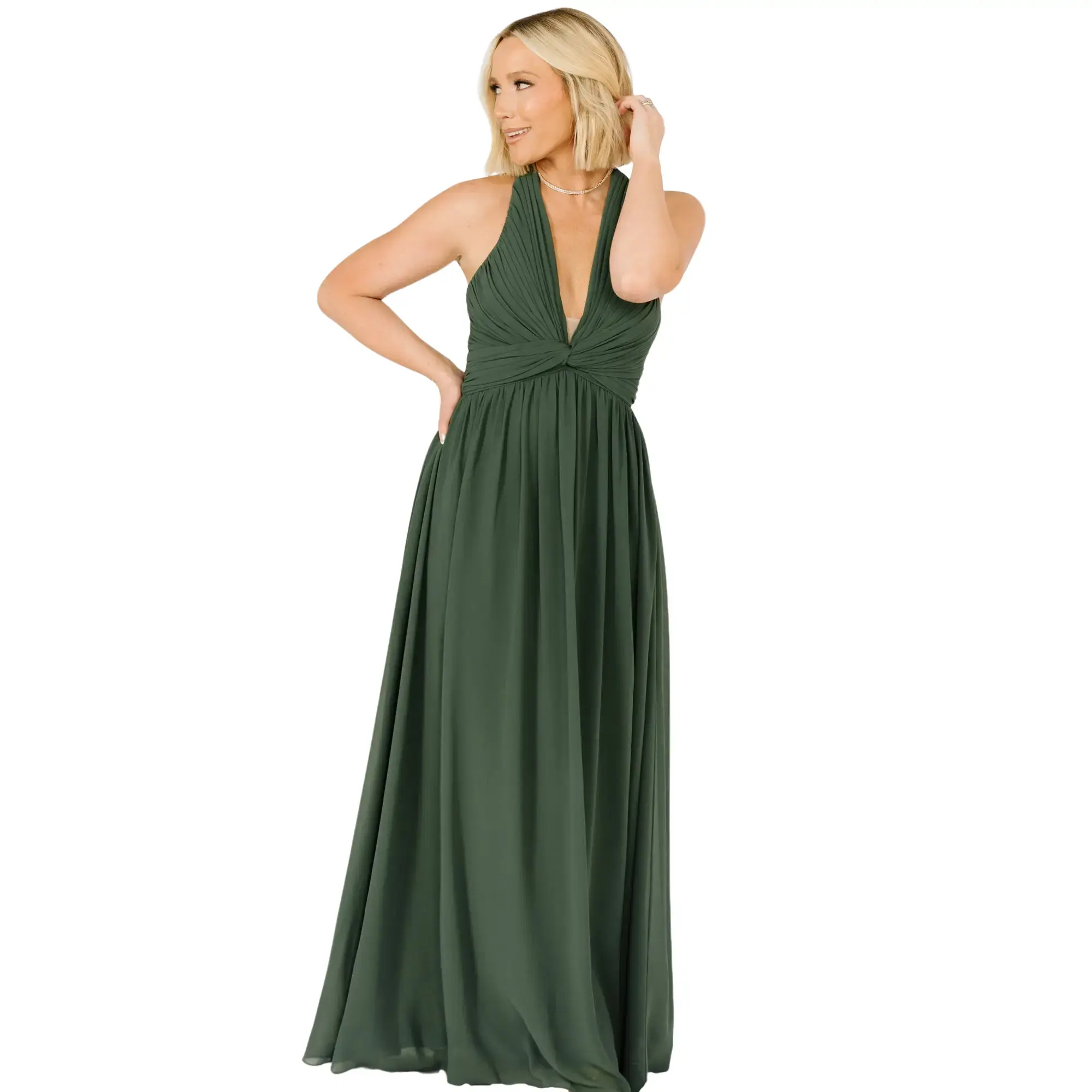 Women's Larissa Pleated Knot Triangle Halter Chiffon Maxi Dress - Cypress, Mesh Accent, Semi-Formal Wedding & Casual Attire, Semi Formal Wedding Attire, Style