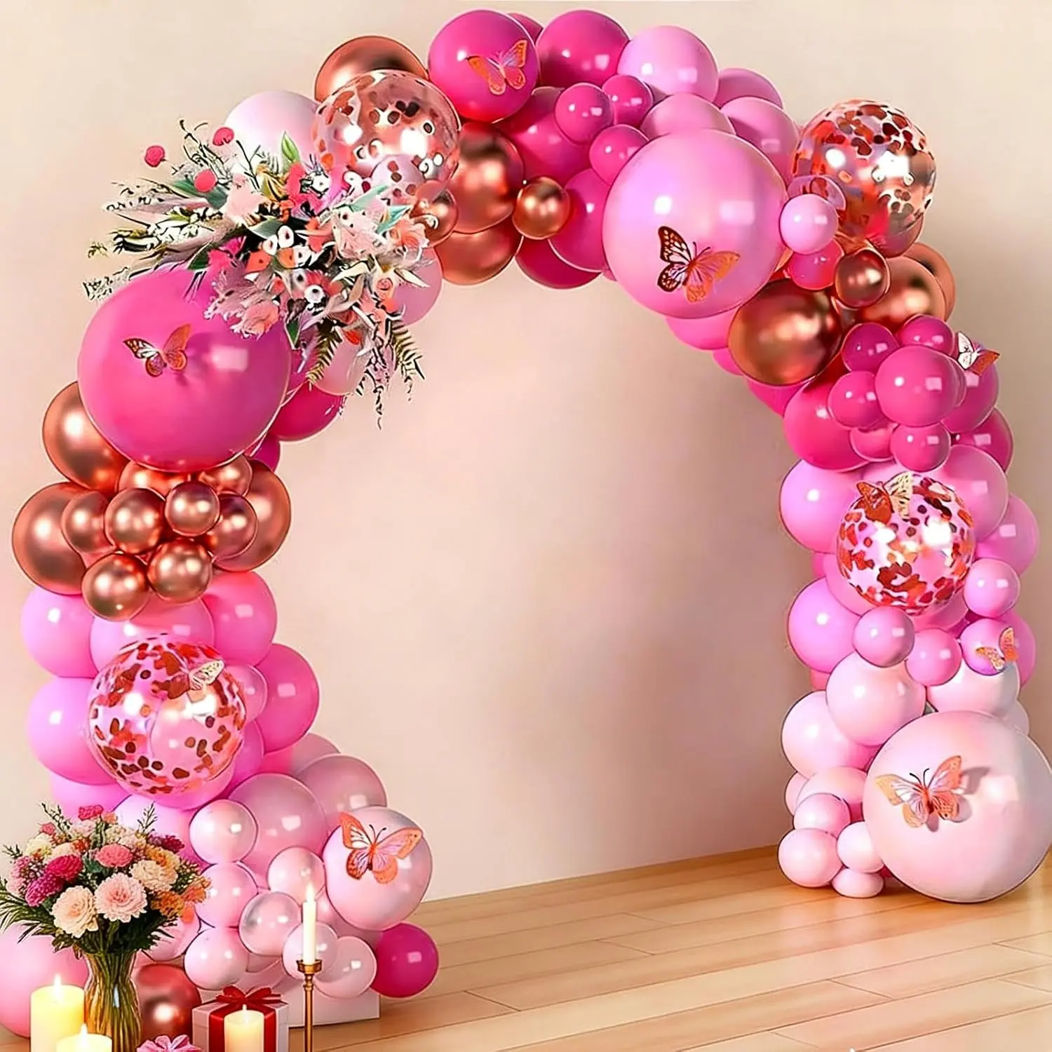 Pink and Gold Balloon Arch with Butterfly Decorations for Weddings and Parties