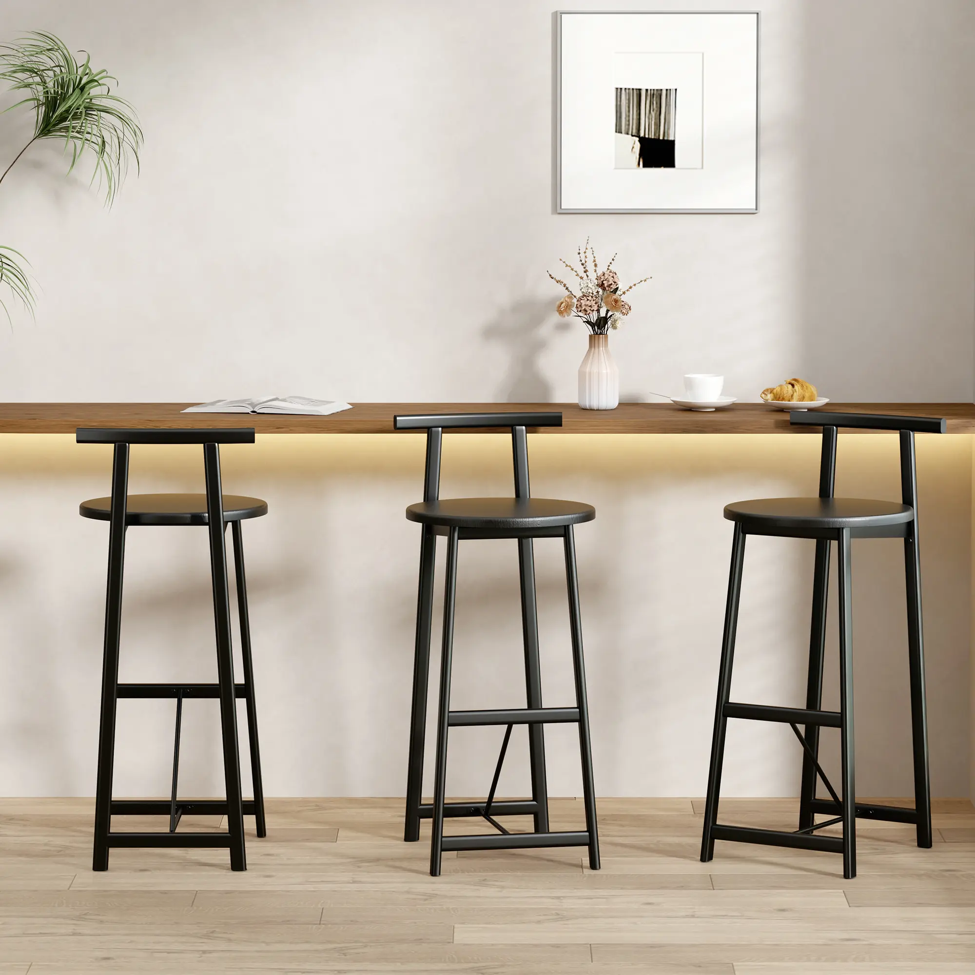 Round MDF Bar Stools with Metal Legs, Set of 3, 27-Inch Height, Black, Modern Style for Kitchen Island and Counter