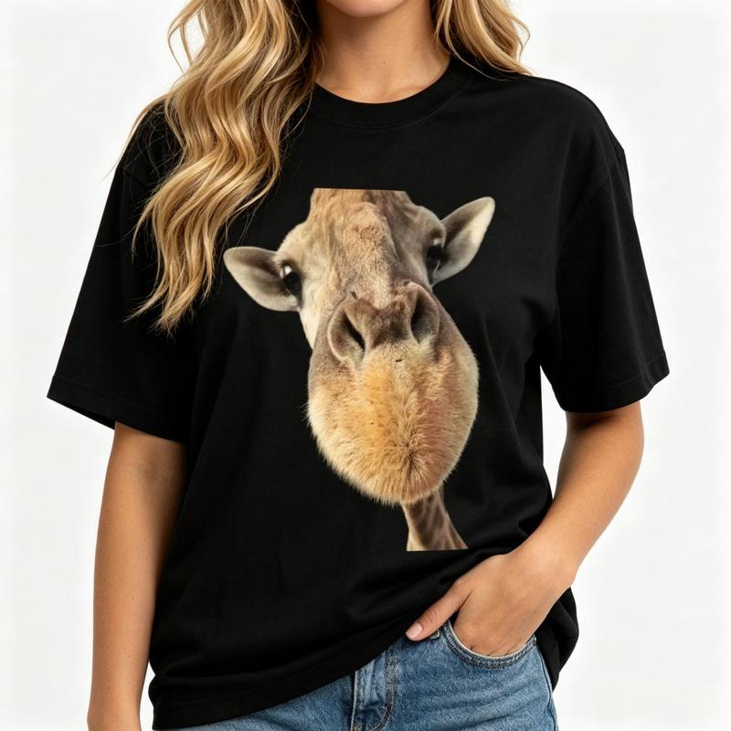 Women's Giraffe Graphic Tee Black Oversized T-Shirt Cute Animal Face Close Up Print Casual Short Sleeve Top Trendy Aesthetic Streetwear Summer Outfit