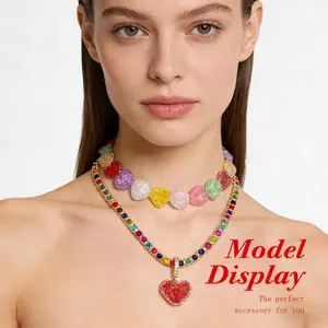 2pcs Colorful Heart Resin Necklace Charms Summer Choker Jewelry for Women Layered Cross Unisex Cuban Link Chain Set elegant alloy jewellery cadena slip safety Versatile Pendant with Zircon birthday gift jewelry Valentine's dad gemelo Ocean cory necklace