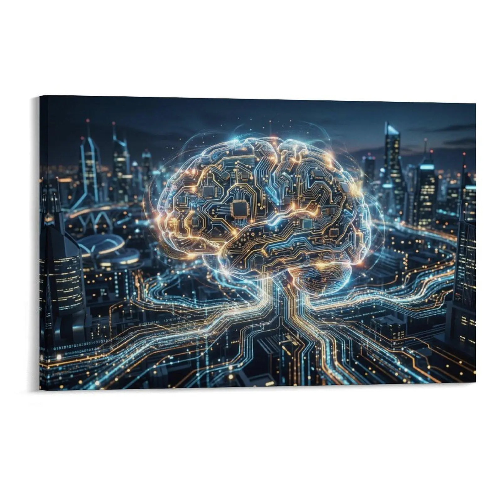 Glowing Circuit Brain Cyberpunk City Canvas Print - Neon Blue-Gold Circuitry Glow-in-the-Dark Contemporary Art Wall Decor for Home Office, Gaming Room