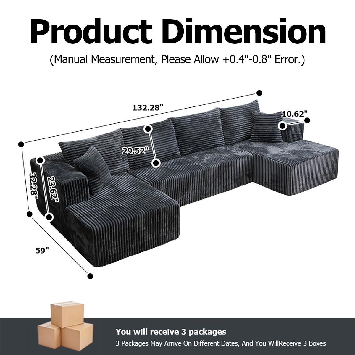 Oversized U-shaped boneless sofa with modular design for free combination, providing a deep sense of coverage and comfortable cloud corduroy fabric; Modern minimalism, no need for assembly; Suitable for living rooms, bedrooms, and other occasions