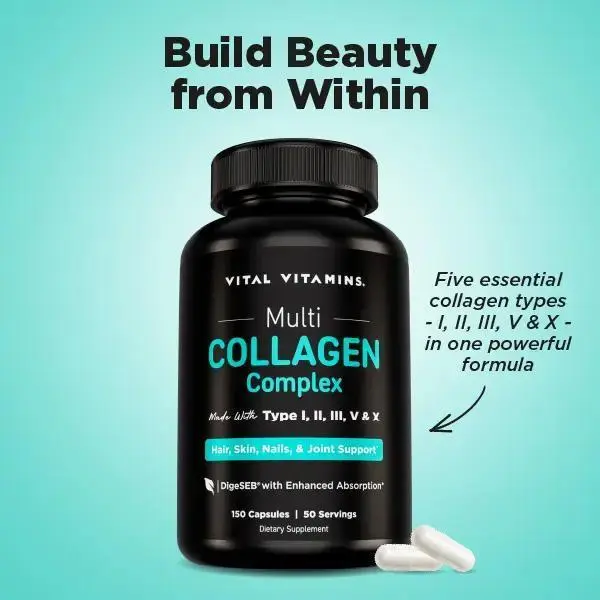 Vital Vitamins Multi Collagen for Women & Men - Type I, II, III, V, X - Grass Fed, Non-GMO - 150 Capsules