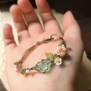 1PC mother's day gift，Vintage Brown Woven Bracelet with Pink Flower Charm, Crystal Stone Macrame Jewelry, Boho Gift for Her，party gift