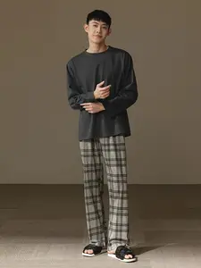 Men's Comfortable Sleepwear Set, Casual Round Neck Long Sleeve Top & Plaid Pants, Spring Autumn Homewear, Men's Loungewear Pajamas
