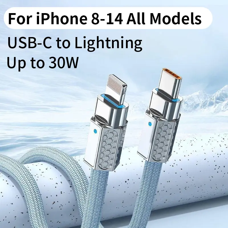 USB-C to Lightning Fast Charging Cable, Zinc Alloy Reinforced Anti-Break Metal Head, Heavy-Duty Braided Cord,Supports up to 30W PD Fast Charging, Compatible with iPhone 6-14 plus pro max Fast Charging Cable,Durable Mobile Phone Accessory for iPhone 6-14.