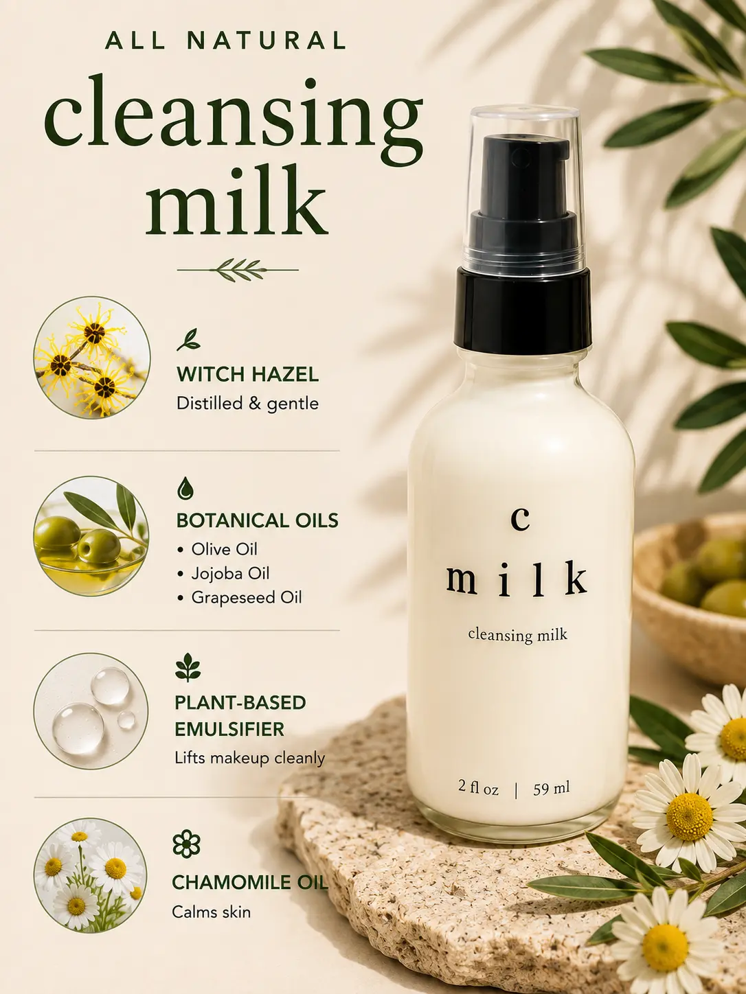 Cleansing Milk Makeup Remover - Gentle Face Cleanser with Olive Oil, Jojoba & Witch Hazel | Removes Makeup & SPF | 4 oz