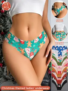 12-piece set of Christmas-themed women's panties, Underwear Sets, featuring Santa Claus, reindeer, gingerbread man, various Christmas patterns, and solid colors, perfect for Christmas, Valentine's Day, Halloween, and everyday use in autumn and winter.