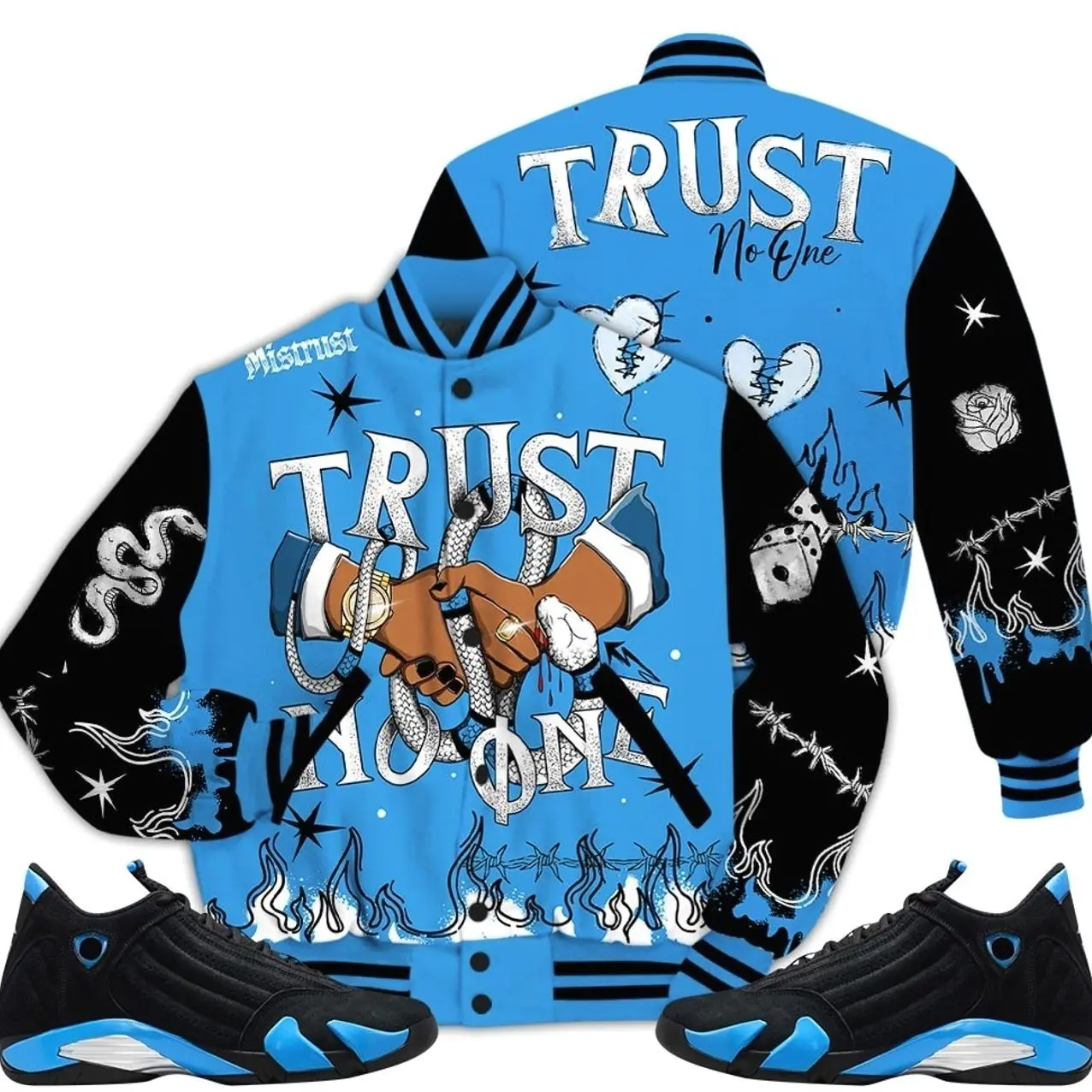 14 University Blue Outfits, Black University Blue 14s Varsity Jacket, Tattoo Trust No One Got EM Unisex T-Shirts To Match Sneakers Streetwear