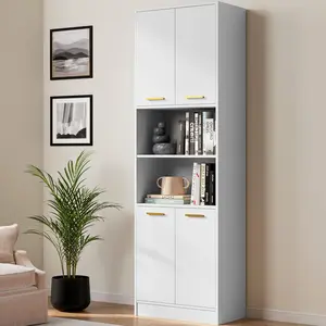 Kitchen Pantry Cabinet, 75" Tall Wood Storage Cabinet with Doors and Shelves, 4 Doors Open Countertop Utility Hutch Cupboard for Dining Room Living Room Bathroom Furniture