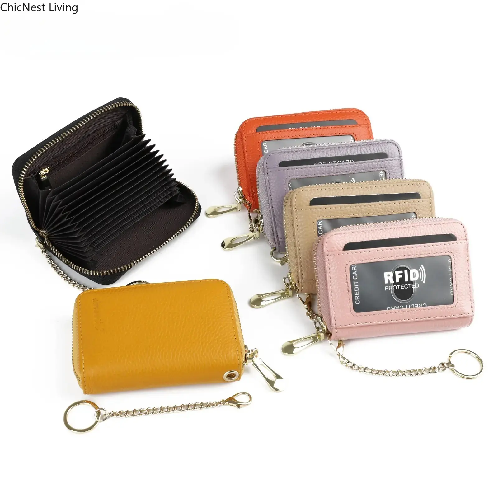 Genuine Leather Mini Compact Purse, RFID Credit Card Holder, Businese Card Case, RFID Blocking Chain Wallet for Women, Credit Card Organizer, Rfid Card Slots