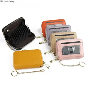 Genuine Leather Mini Compact Purse, RFID Credit Card Holder, Businese Card Case, RFID Blocking Chain Wallet for Women