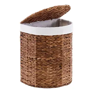 Corner Laundry Hamper with Lid, Natural Water Hyacinth Woven Laundry Basket with Removable Liner, Handwoven Dirty Clothes Basket for Bathroom Bedroom