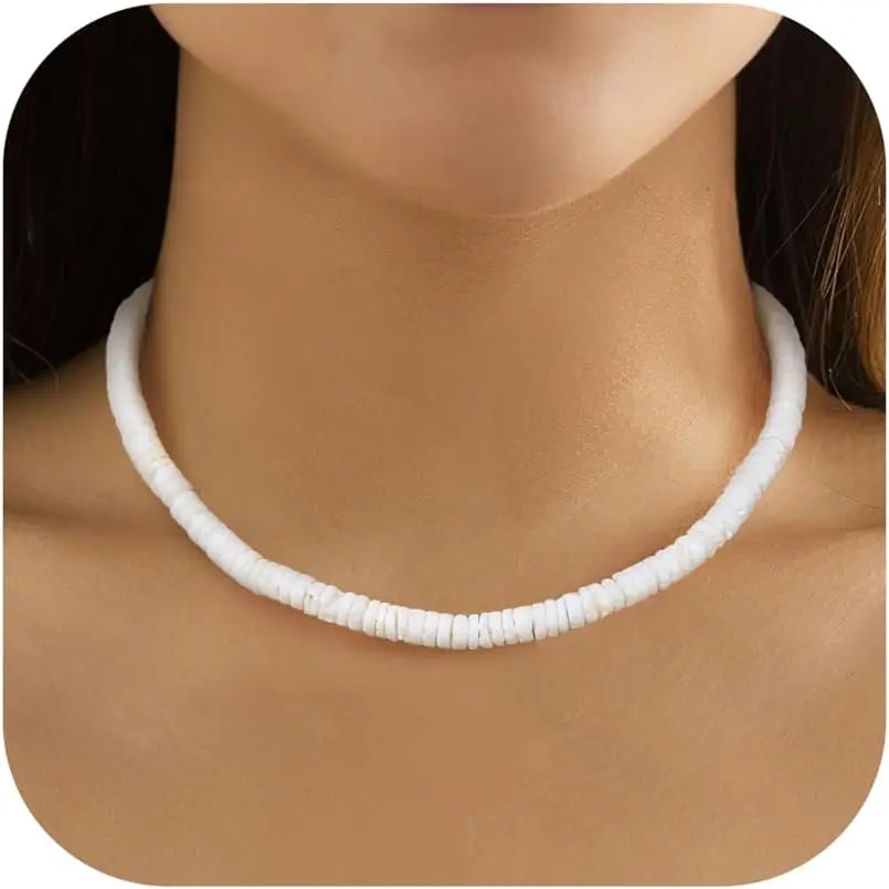 Surfer Necklace,Surfer Necklace for Men Women White Surfer Choker Necklace Men,Hawaiian Beach Necklace,Smooth Handmade Beach Necklace Heishi Necklace Summer Jewelry