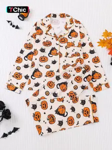 2 pieces of women's Halloween cute pumpkin cat bat printed long sleeved pants pajamas set with pockets suitable for all seasons, comfortable, trendy, energetic, elegant and casual home wear