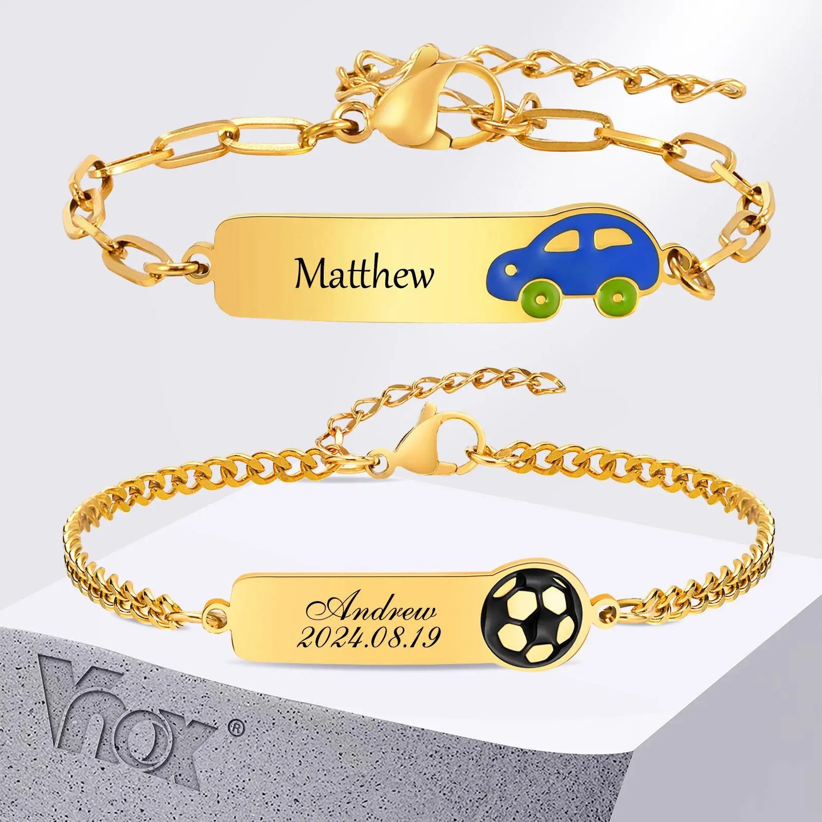 Vnox Custom Name Bracelets for Little Boys,Sweet Car Football Charm Bracelet,Personalized Baptism Gift For Newborns
