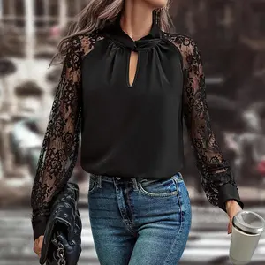 Black Keyhole Neckline Floral Lace Raglan Sleeve Blouse