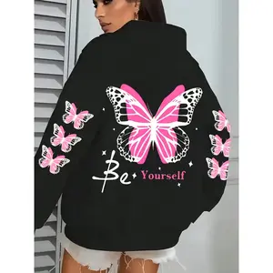 Women's Hooded Sweatshirt, Casual Fashion Butterfly Print, Fitted Thicker Warm Comfortable Skin-Friendly Fall Winter Wear