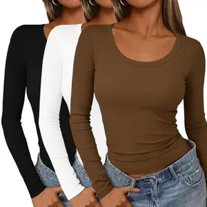 3 Pack Women’s Long Sleeve Crew Neck Tops – Textured Knit Fitted Stretch Base Layer, Y2K Casual Party