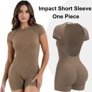 GYMER Impact Short Sleeve One Piece Women Soft Padded Bralette Tummy Control Butt Lifting Gym Workout Yoga One Piece Activewear