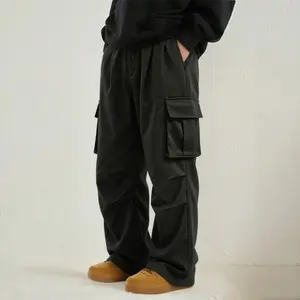 Men's Four Seasons Loose Casual Fashion Trendy Multi-Pocket Work Pants with Practical Pockets for Everyday Use in Black Plain Trouser