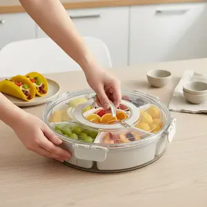 Rotating Snack Tray with Lid & Handle, Multi Compartment Fruit Veggie Serving Platter, Durable PP Material, Perfect for Tacos, Party, Travel, Snack Containers