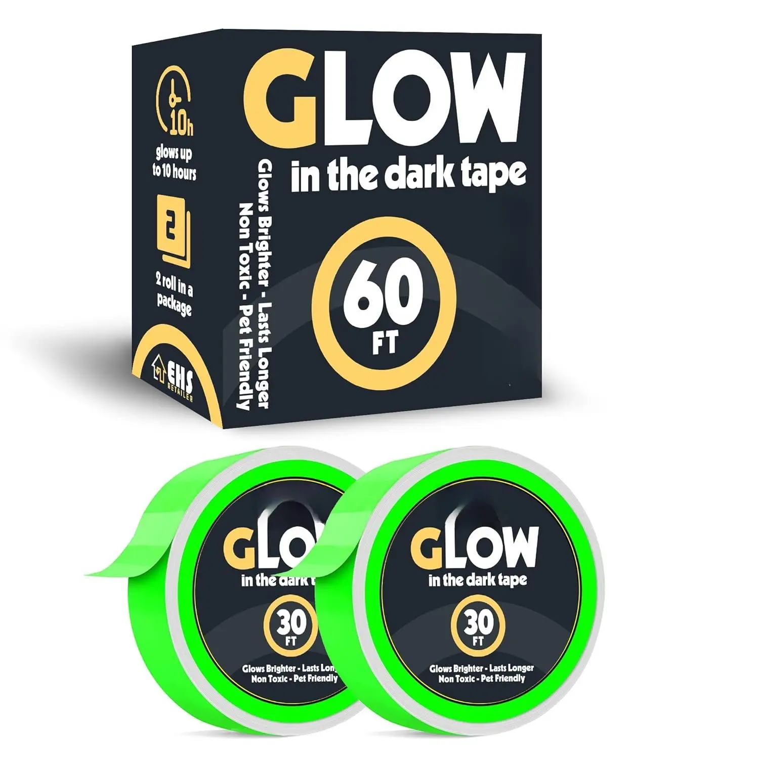 1 Inch x 60 FT Glow in The Dark Tape  Pack of 2 Rolls  Bright Rechargeable Fluorescent Glow Tape  Luminous Tape for Outdoors & Indoors Glow Tape Tape for  Decoration & Markings
