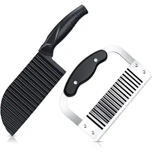 2 Crinkle Potato Vegetable Cutter, Cutters Knife, Stainless Steel Blade Wavy Slicer, Waffle Fry Cutting Tool Wavy Crinkle Cutting Tool Salad Chopping Knife Soap Fruit French Fry Slicer Kitchen Smooth