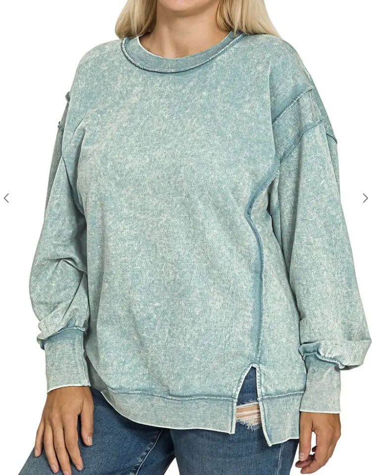 Zenana Acid Wash Terry Exposed Seam Sweatshirt