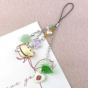 Cute Bell Bear Pendant Matching Phone Charms Keychains Y2K Handmade Rilakkuma Strawberry Beaded Accessories Jewelry Couple Gifts