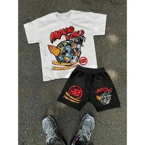 Men's Cartoon Earth Print Round Neck Tee & Drawstring Waist Shorts Set, Loose Casual Crew Neck Short Sleeve T-Shirt & Pocket Shorts, Men's Summer Clothes